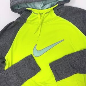 Nike Therma-FIT Hoodie Womens Large Neon Yellow Grey Raglan Pullover Thumbholes